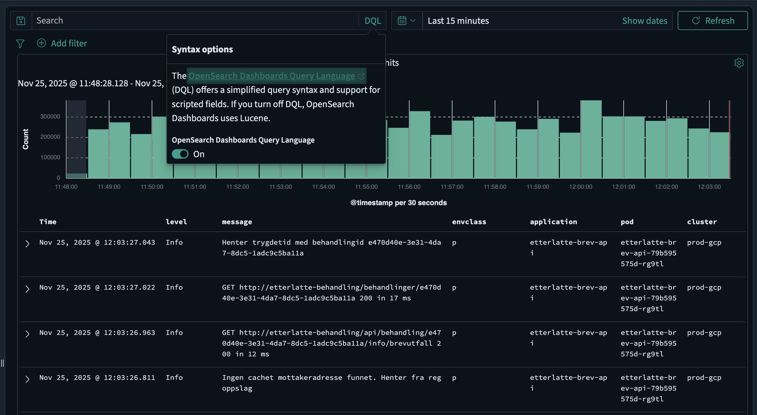 Screenshot: DQL query in nav-logs
